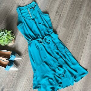 White House Black Market Halter Cut Tiered Skirt Faux Wrap Dress Teal 8